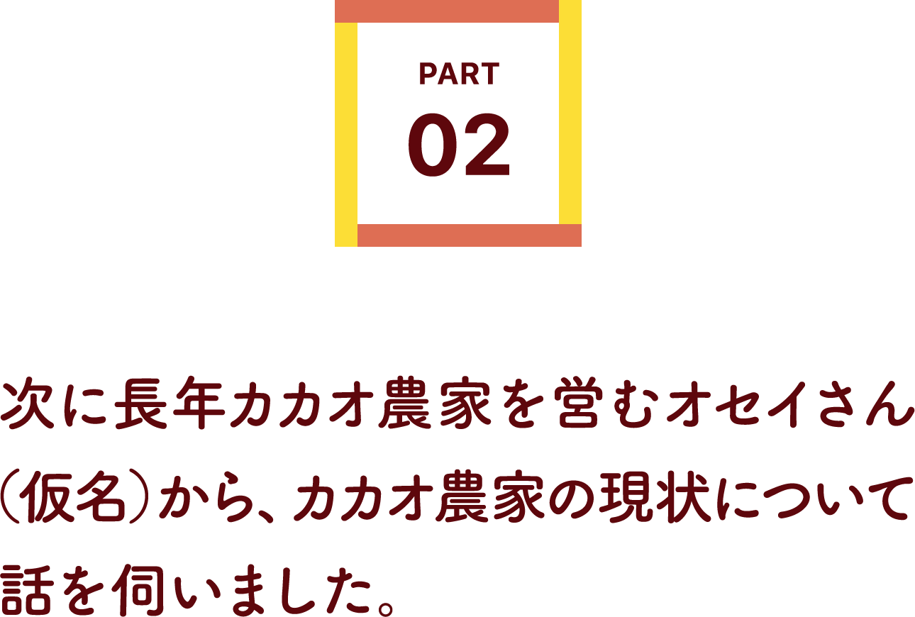 次に長年カカオ農家を営むオセイさん（仮名）から、
                        カカオ農家の現状について話を伺いました。