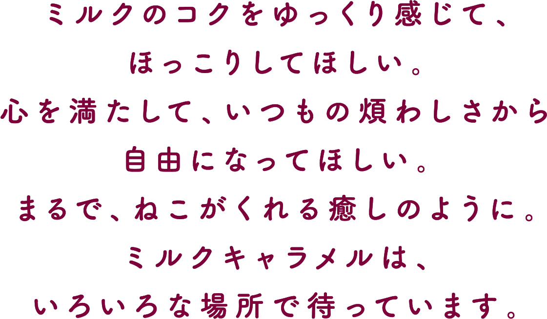 ミルクのコクをゆっくり感じて、ほっこりしてほしい。心を満たして、いつもの煩わしさから自由になってほしい。まるで、ねこがくれる癒しのように。ミルクキャラメルは、いろいろな場所で待っています。