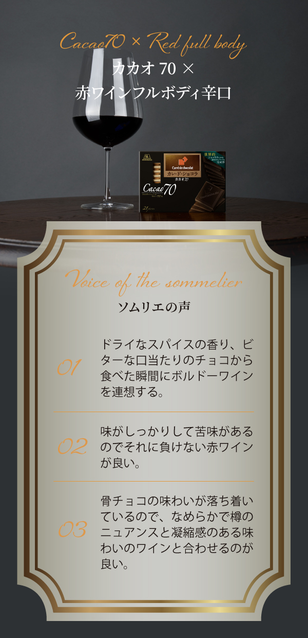 Cacao70 × Red full body カカオ70×赤ワインフルボディ辛口 Voice of the sommelier ソムリエの声 01 ドライなスパイスの香り、ビターな口当たりのチョコから食べた瞬間にボルドーワインを連想する。 02 味がしっかりして苦味があるのでそれに負けない赤ワインが良い。 03 チョコの味わいもが落ち着いてるので、なめらかで樽のニュアンスと凝縮感のある味わいのワインと合わせるのが良い。