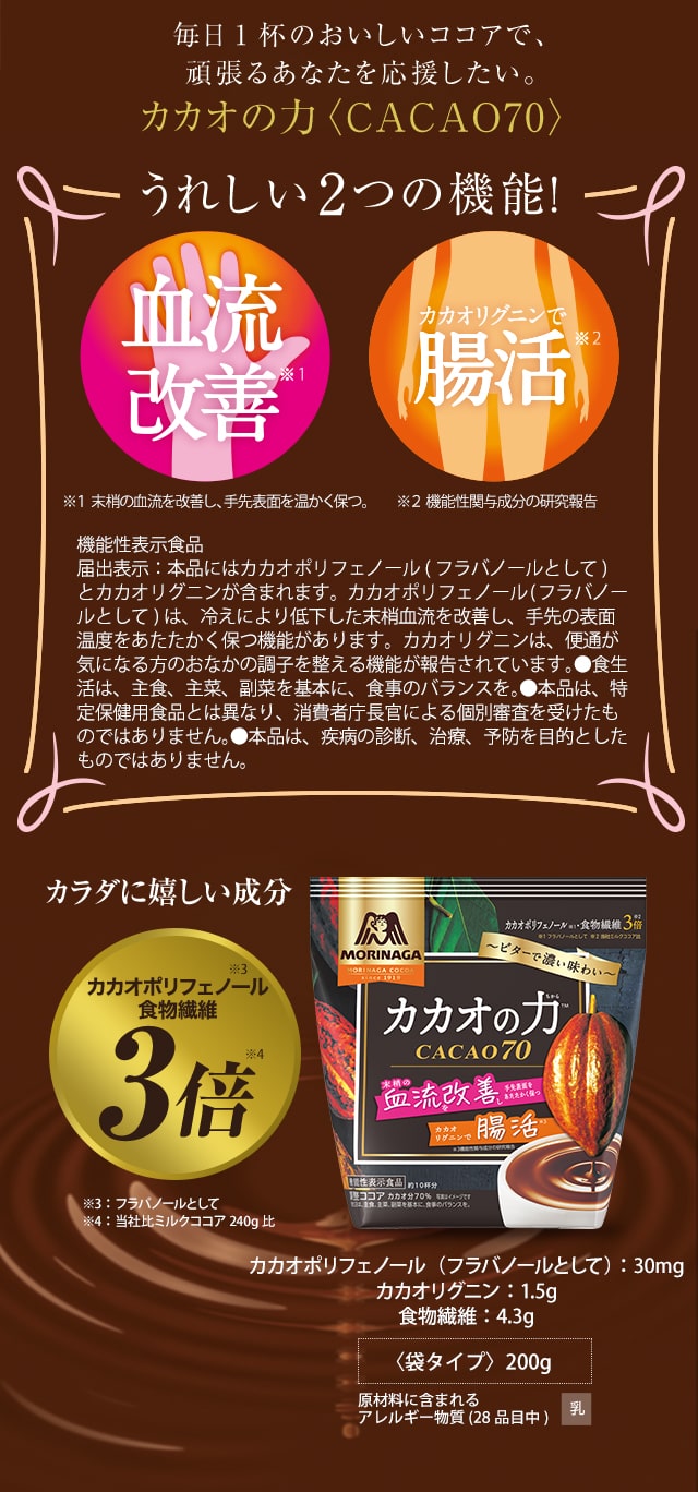 毎日1杯のおいしいココアで、頑張るあなたを応援したい。カカオの力〈CACAO70〉 うれしい2つの機能！ 「抹消の血流を改善し手先表面を温かく保つ」「腸活」カラダに嬉しい成分、カカオポリフェノール・食物繊維3倍