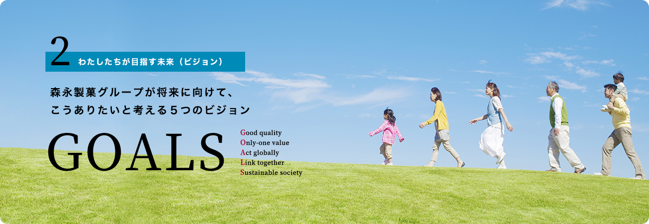 2.わたしたちのわたしたちが目指す未来（ビジョン）私たち森永製菓グループが、将来に向けてこうありたい、と考える5つのビジョンです。