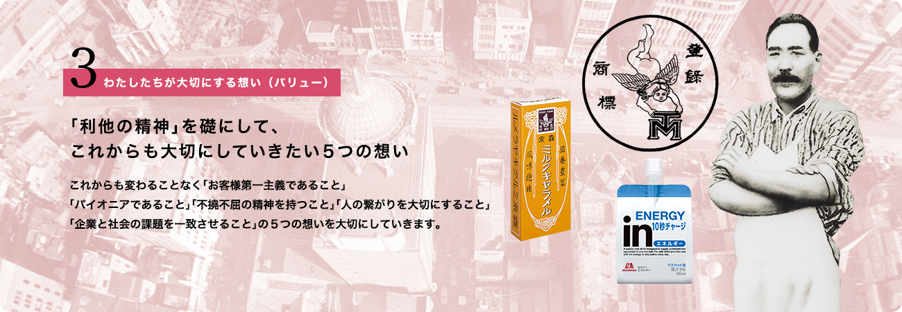 3.わたしたちが大切にする想い（バリュー）「利他の精神」を礎にして、これからも5つの想いを大切にしていきます。森永製菓グループが100年を超える歴史のなかで、大切に育んできた想いです。他者を思いやり、どのように貢献できるかを考える「利他の精神」を礎にして、「わたしたちが目指す未来」を形作るために、これからも変わることなく「お客様第一主義であること」「パイオニアであること」「不撓不屈の精神を持つこと」「人の繋がりを大切にすること」「企業と社会の課題を一致させること」の5つの想いを大切にしていきます。