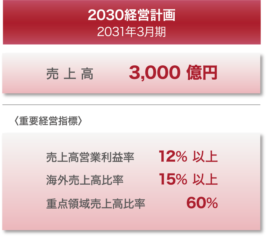 2030経営計画 2031年3月期 売上高 3000億円 売上高営業利益率 12%以上 海外売上高比率 15%以上 重点領域売上高比率 60%