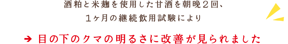 酒粕と米麹を使用した甘酒を朝晩2回、1ケ月の継続飲用試験により、目の下のクマの明るさに改善が見られました