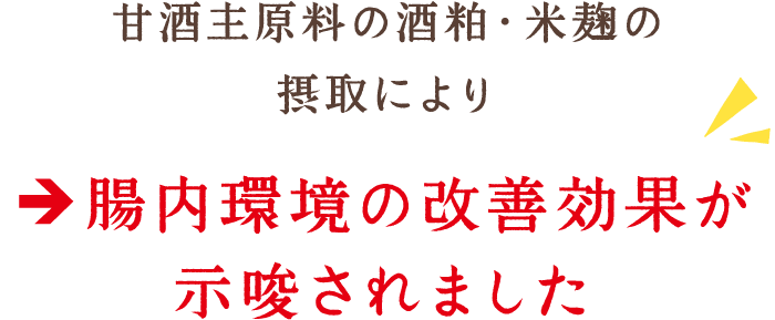 甘酒主原料の酒粕・米麹の摂取により、腸内環境の改善効果が示唆されました