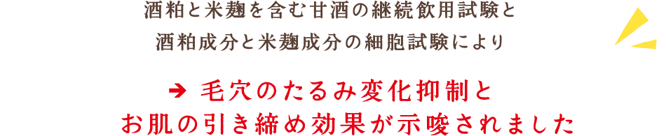 酒粕と米麹を含む甘酒の継続飲用試験と酒粕成分と米麹成分の細胞試験により、毛穴のたるみ変化抑制とお肌の引き締め効果が示唆されました