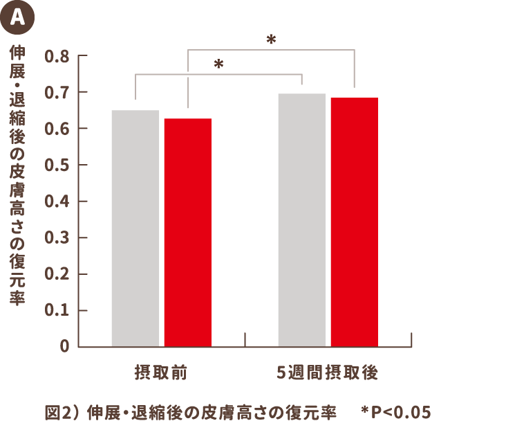 図2）伸展・退縮後の皮膚高さの復元率と変化量 A伸展・退縮後の皮膚高さの復元率