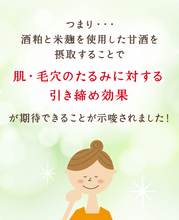 つまり…酒粕と米麹を使用した甘酒を摂取することで肌・毛穴のたるみに対する引き締め効果が期待できることが示唆されました！