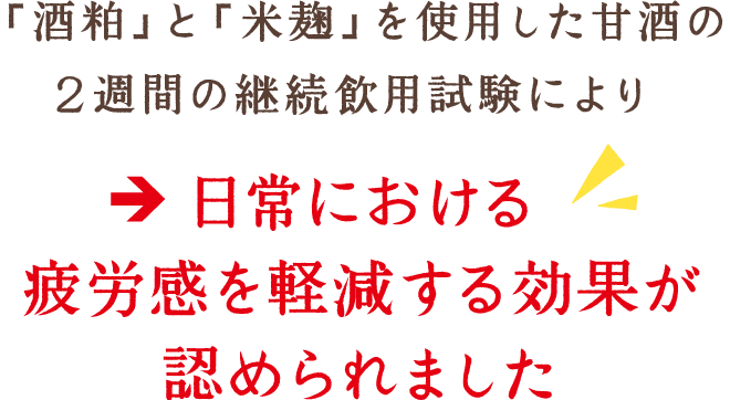 「酒粕」と「米麹」を使用した甘酒の2週間の継続飲用試験により日常における疲労感を軽減する効果が認められました