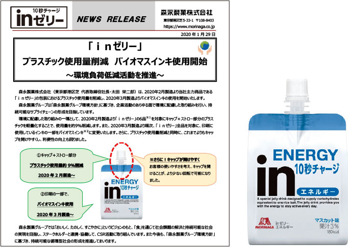 「ｉｎゼリー」包装におけるプラスチック使用量削減とバイオマスインキ使用