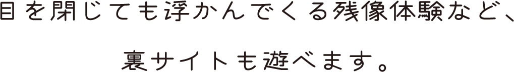 目を閉じても浮かんでくる残像体験など、裏サイトも遊べます。