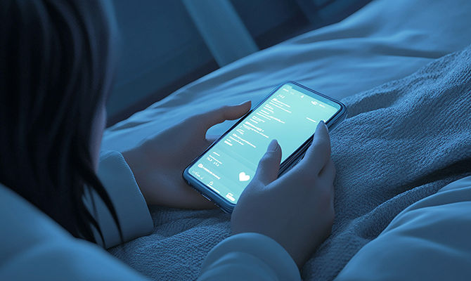 真っ暗な部屋の中でスマホを触る女性