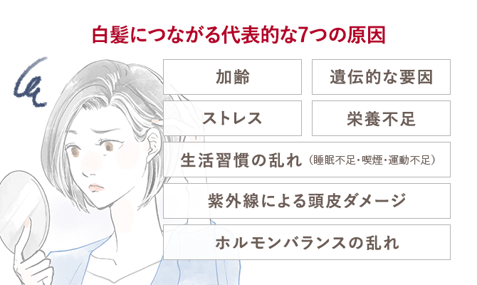 白髪につながる代表的な7つの原因　加齢/遺伝的な要因/ストレス/栄養不足/生活習慣の乱れ（睡眠不足・喫煙・運動不足）/紫外線による頭皮ダメージ/ホルモンバランスの乱れ