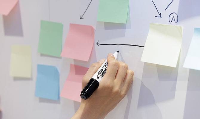 ホワイトボードに貼り付けられた付箋