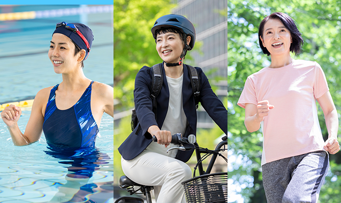 水泳、サイクリング、ウォーキングをする女性