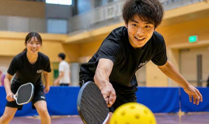 ピックルボールにダブルスで参加する男女