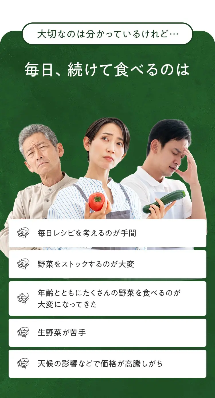 大切なのは分かっているけれど・・・ 毎日、続けて食べるのは 毎日レシピを考えるのが手間 野菜をストックするのが大変 年齢とともにたくさんの野菜を食べるのが大変になってきた 生野菜が苦手 天候の影響などで価格が高騰しがち