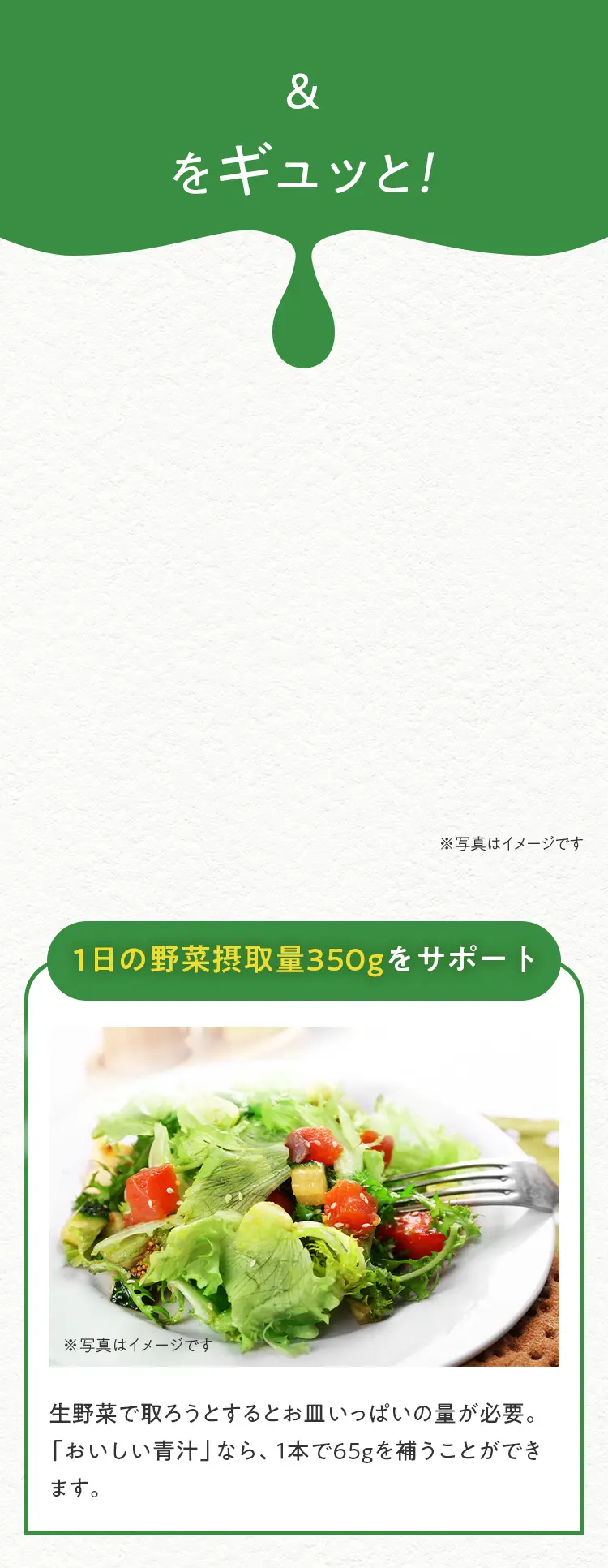 国産野菜&国産果実 をギュッと！ 1日の野菜摂取量350gをサポート 生野菜で取ろうとするとお皿いっぱいの量が必要。 「おいしい青汁」なら、1本で平均的な不足分65gを補うことができます。