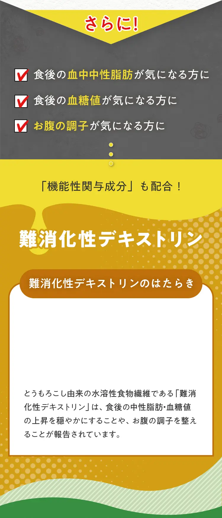 さらに！ 食後の血中中性脂肪が気になる方 食後の血糖値が気になる方 お腹の調子が気になる方 「機能性関与成分」も配合！ 難消化性デキストリン 難消化性デキストリンのはたらき とうもろこし由来の水溶性食物繊維である「難消化性デキストリン」は、食後の中性脂肪・血糖値の上昇を穏やかにすることや、お腹の調子を整えることが報告されています。