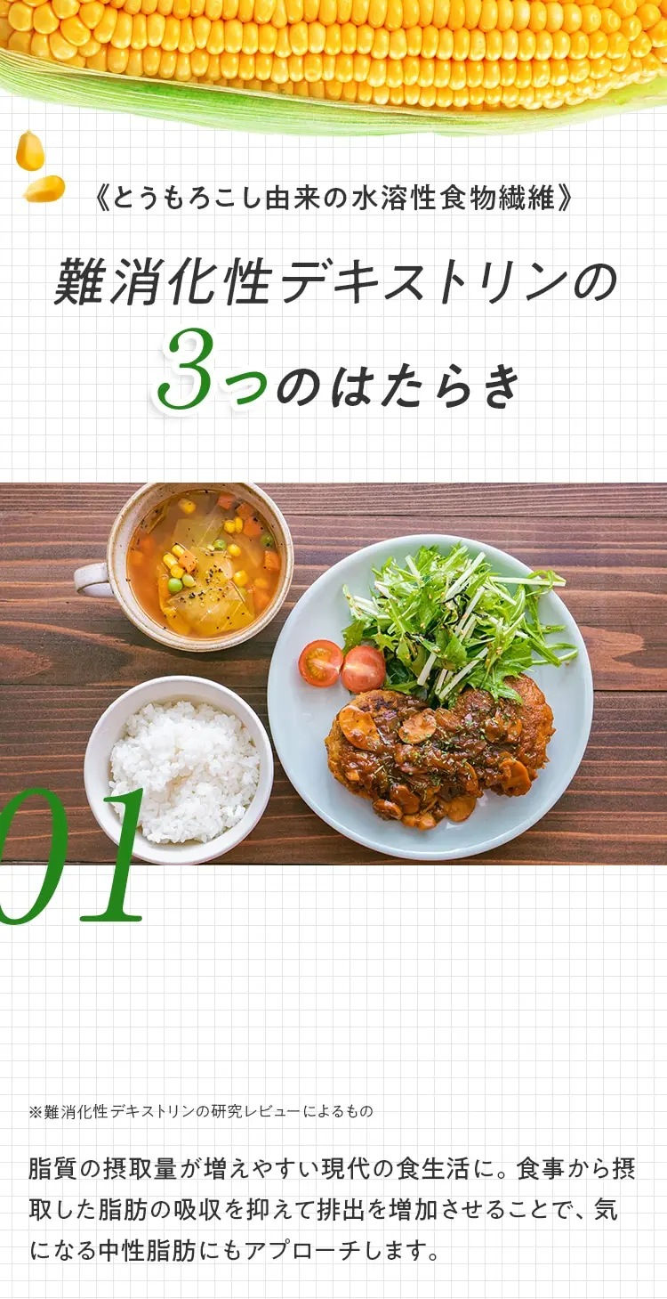 くとうもろこし由来の水溶性食物繊維＞ 難消化性デキストリンの 3つのはたらき ※難消化性デキストリンの研究レビューによるもの 脂質の摂取量が増えやすい現代の食生活に。食事から摂取した脂肪の吸収を抑えて排出を増加させることで、気になる中性脂肪にもアプローチします。