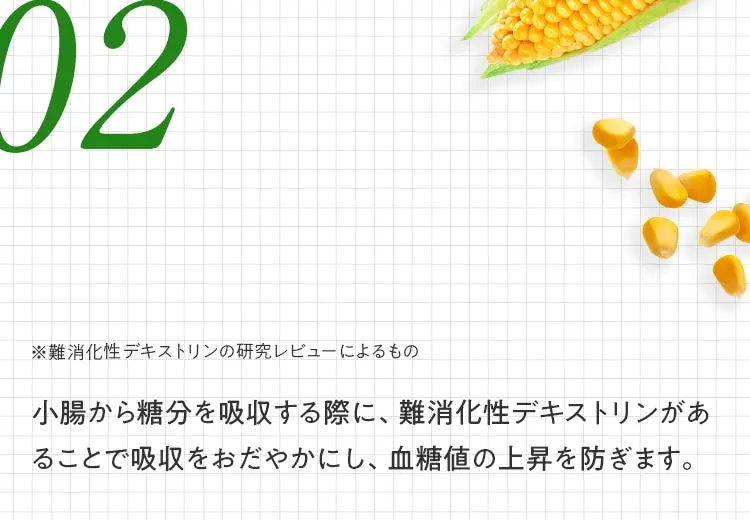 02 ※難消化性デキストリンの研究レビューによるもの 小腸から糖分を吸収する際に、難消化性デキストリンがあることで吸収をおだやかにし、血糖値の上昇を防ぎます。