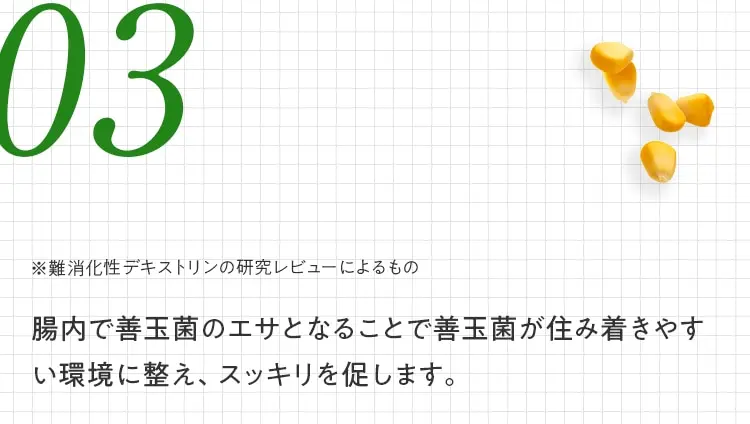 03 ※難消化性デキストリンの研究レビューによるもの 腸内で善玉菌のエサとなることで善玉菌が住み着きやすい環境に整え、スッキリを促します。