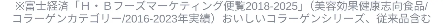 ※富士経済「Ｈ・Ｂフーズマーケティング便覧2018-2025」（美容効果健康志向食品/
            コラーゲンカテゴリー/2016-2023年実績）おいしいコラーゲンシリーズ、従来品含む