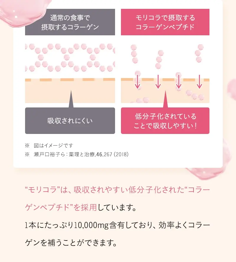 “モリコラ”は、吸収されやすい低分子化された“コラーゲンペプチド”を採用しています。
