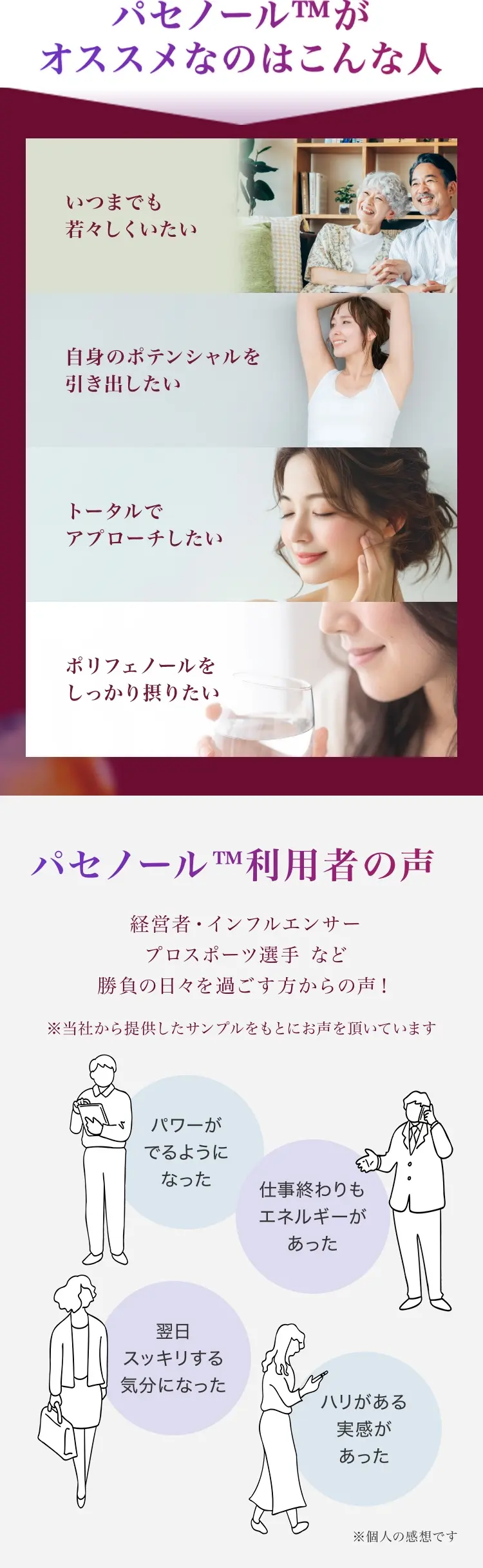 パセノール（ピセアタンノール）がおすすめな方・利用者の声。いつまでも若々しくキレイにいたい方におすすめです。