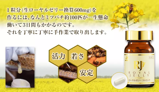 1粒分（生ローヤルゼリー換算600mg）を作るには、なんとミツバチ約100匹が一生懸命働いて3日間もかかるのです。それを丁寧に丁寧に手作業で取り出します。