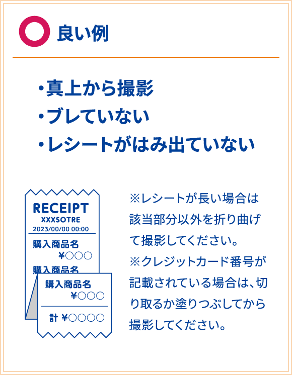 良い例：・真上から撮影 ・ブレていない ・レシートがはみ出ていない ※レシートが長い場合は該当部分以外を折り曲げて撮影してください。 ※クレジットカード番号が記載されている場合は、切り取るか塗りつぶしてから撮影してください。