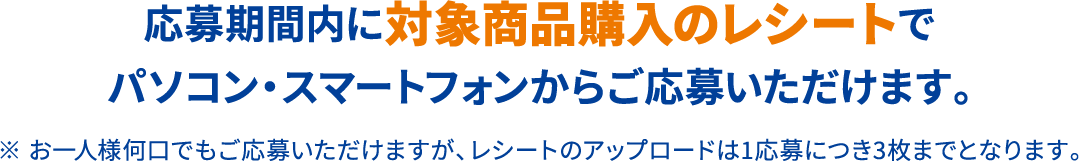 応募期間内に対象商品購入のレシートでパソコン・スマートフォンからご応募いただけます。 ※ お一人様何口でもご応募いただけますが、レシートのアップロードは1応募につき3枚までとなります。