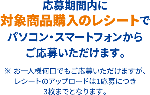 応募期間内に対象商品購入のレシートでパソコン・スマートフォンからご応募いただけます。 ※ お一人様何口でもご応募いただけますが、レシートのアップロードは1応募につき3枚までとなります。