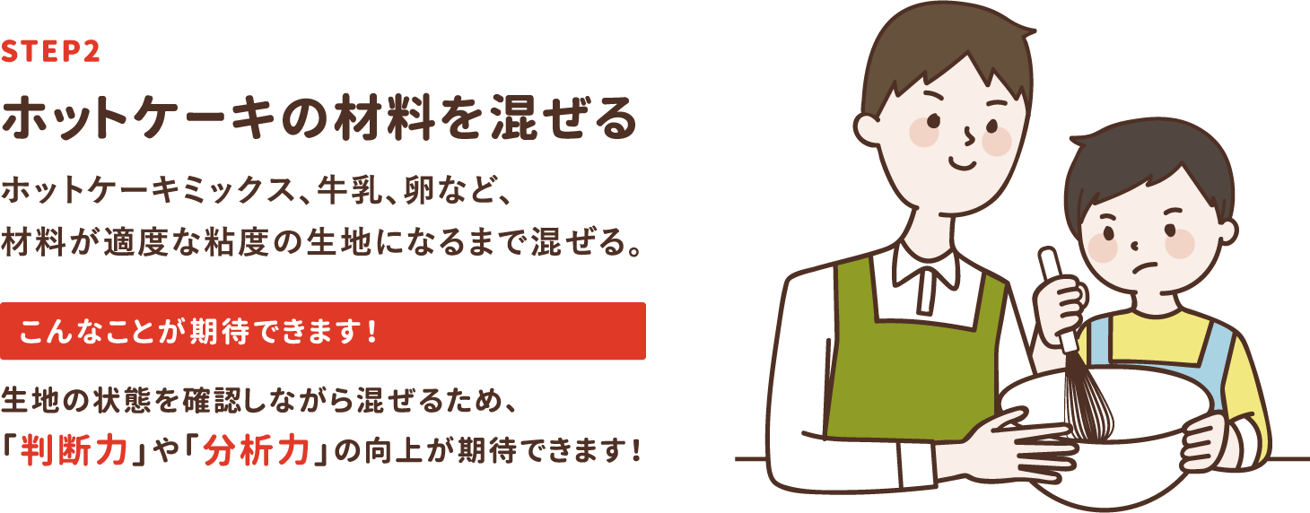 step2「ホットケーキの材料を混ぜる」ホットケーキミックス、牛乳、卵など、材料が適度な粘度の生地になるまで混ぜる。生地の状態を確認しながら混ぜるため、「判断力」や「分析力」の向上が期待できます！