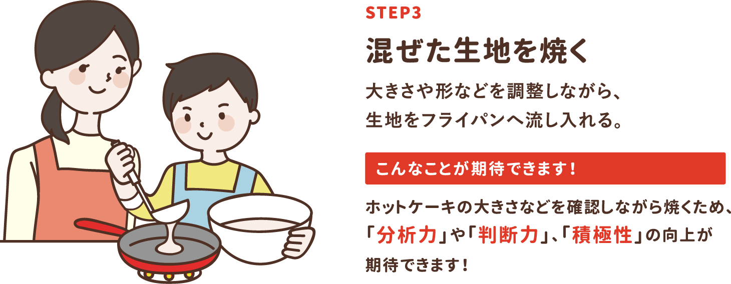 step3「混ぜた生地を焼く」大きさや形などを調整しながら、生地をフライパンへ流し入れる。ホットケーキの大きさなどを確認しながら焼くため、「分析力」や「判断力」、「積極性」の向上が期待できます！