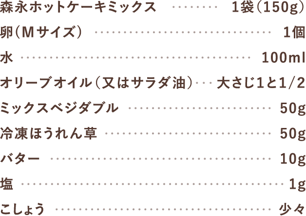 森永ホットケーキミックス1袋（150g）、卵（Mサイズ）1個、水100ml、オリーブオイル（又はサラダ油）大さじ1と1/2、ミックスベジタブル50g、冷凍ほうれん草50g、バター10g、塩1g、こしょう少々