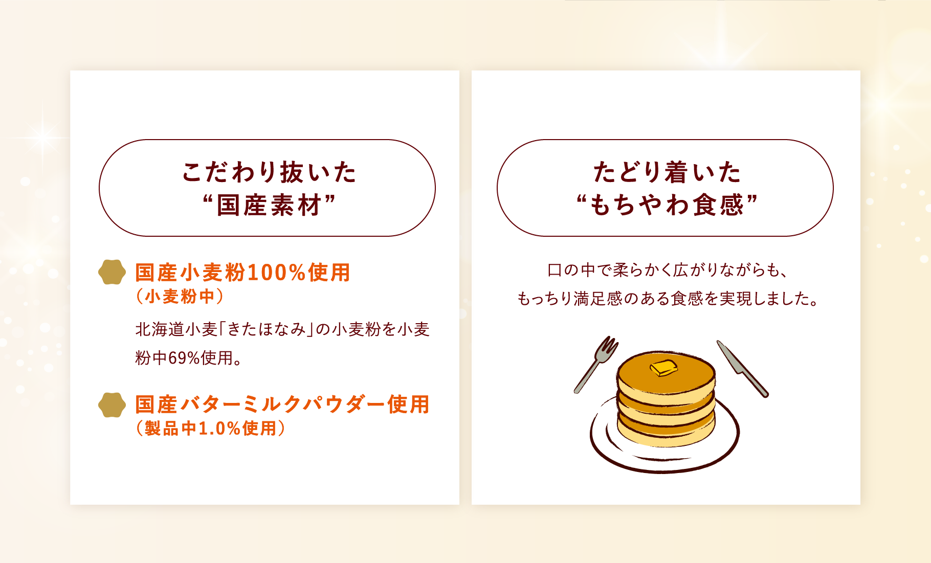 こだわり抜いた国産素材（国産小麦粉100%使用／国産バターミルクパウダー使用）・たどり着いたもちやわ食感