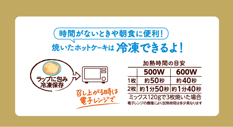 時間がないときや朝食に便利！焼いたホットケーキを冷凍できます。召し上がるときは電子レンジで解凍します。