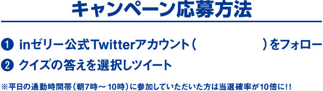 キャンペーン応募方法①inゼリー公式Twitterアカウント(@in_jelly_)をフォロー②クイズの答えを選択しツイート※平日の通勤時間帯(朝7時～10時)に参加していただいた方は当選確率が10倍に!!