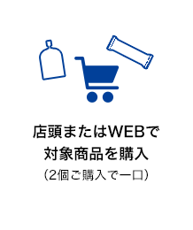 店頭またはWEBで対象商品を購入（2個ご購入で一口）