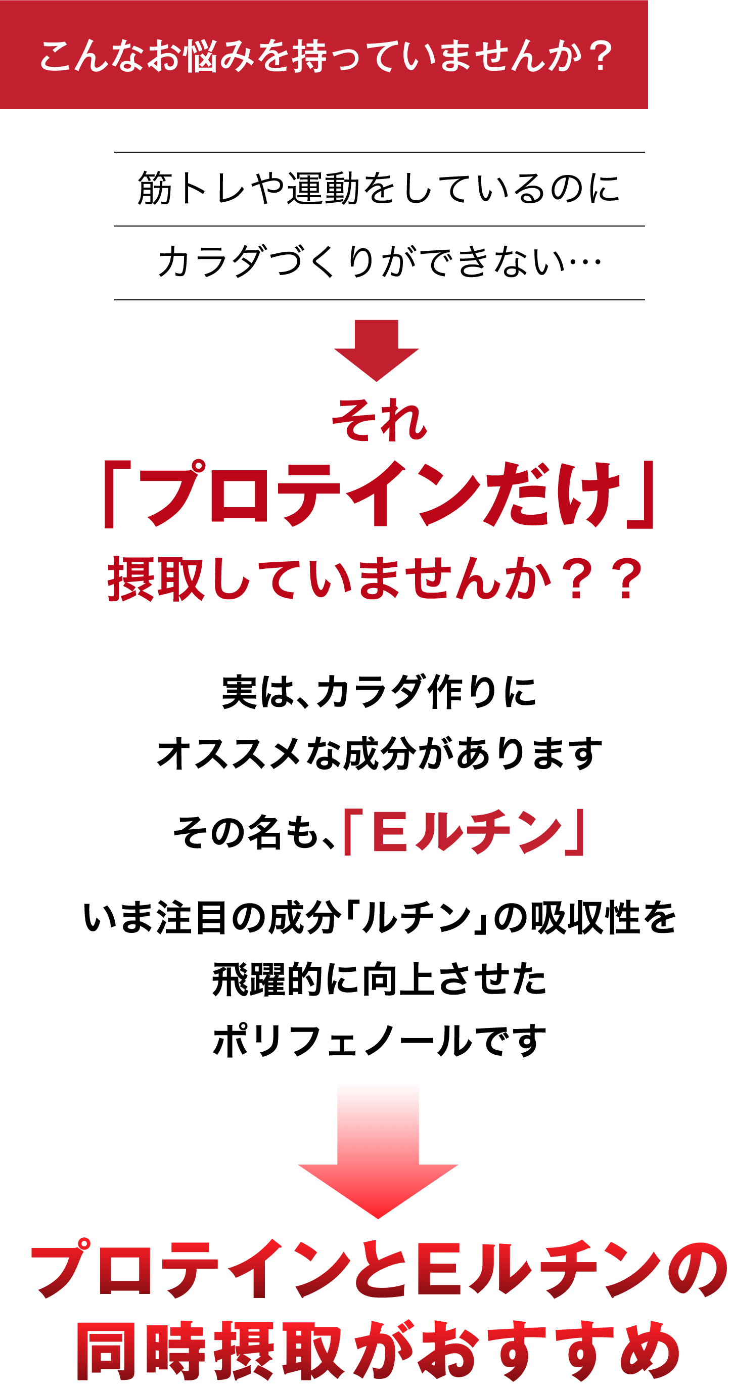 こんなお悩みを持っていませんか？筋トレや運動をしているのにカラダづくりができない...それ「プロテインだけ」摂取していませんか？？実は､カラダ作りにオススメな成分がありますその名も､｢Ｅルチン｣いま注目の成分｢ルチン｣の吸収性を飛躍的に向上させたポリフェノールです　プロテインとEルチンの同時摂取がおすすめ