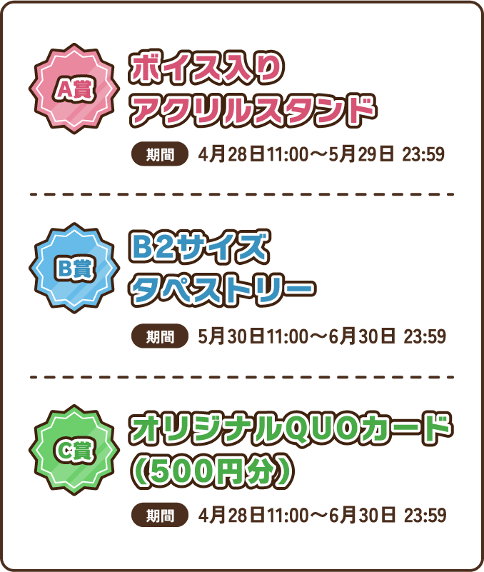 A賞 ボイス入りアクリルスタンド B賞 B2サイズタペストリー C賞 オリジナルQUOカード（500円分）