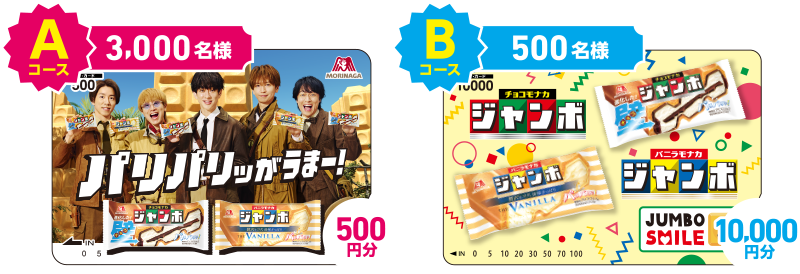 Aコース 3,000名様 500円分、Bコース 500名様 10,000円分