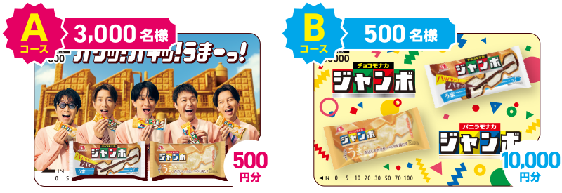 Aコース 3,000名様 500円分、Bコース 500名様 10,000円分