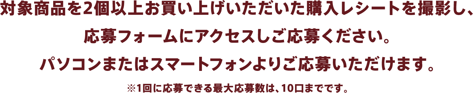 対象商品を2個以上お買い上げいただいた購入レシートを撮影し、応募フォームにアクセスしご応募ください。パソコンまたはスマートフォンよりご応募いただけます。※1回に応募できる最大応募数は、10口までです。