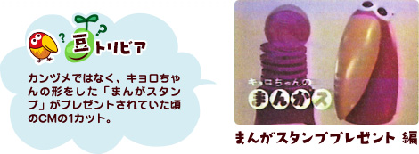 豆トリビア：カンヅメではなく、キョロちゃんの形をした「まんがスタンプ」がプレゼントされていた頃のCMの1カット。まんがスタンププレゼント編