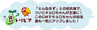 豆トリビア：「とんねるず」との初共演で、ついにキョロちゃんが主演に！このCMでキョロちゃんの知名度も一気にアップしました！