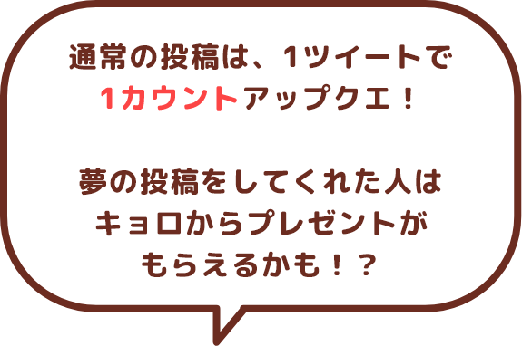 通常の投稿は、1ツイートで1カウントアップクエ！夢の投稿をしてくれた人はキョロからプレゼントがもらえるかも！？