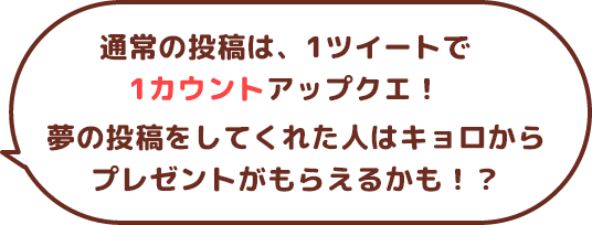 通常の投稿は、1ツイートで1カウントアップクエ！夢の投稿をしてくれた人はキョロからプレゼントがもらえるかも！？