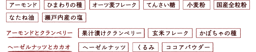 アーモンド ひまわりの種 オーツ麦フレ一ク てんさい糖 小麦粉 国産全粒粉 なたね油 瀬戸内産の塩、アーモンドとクランベリー：果汁漬けクランベリー 玄米フレ一ク かぼちゃの種、ヘーゼルナッツとカカオ：ヘーゼルナッツ　くるみ　ココアパウダー